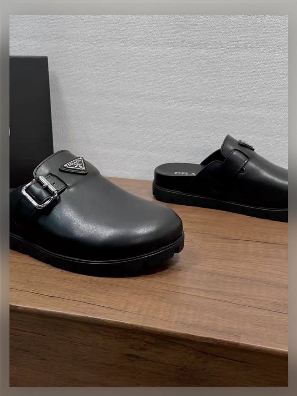 Prada Foldable Black Smooth Leather Logo Strap Travel Mule Clogs